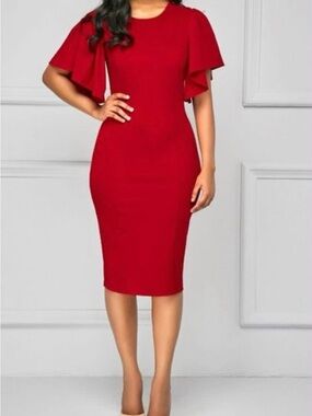 Elegant Red Sheath Dress with Puff Sleeves NWOT